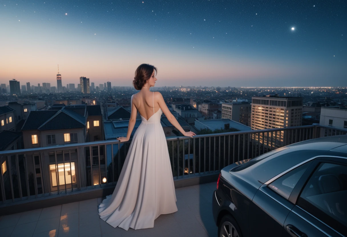  night view of the city，Rooftop， starry sky ，girl in a dress，Overlooking， high quality，Clarity，3d，car，light，wine