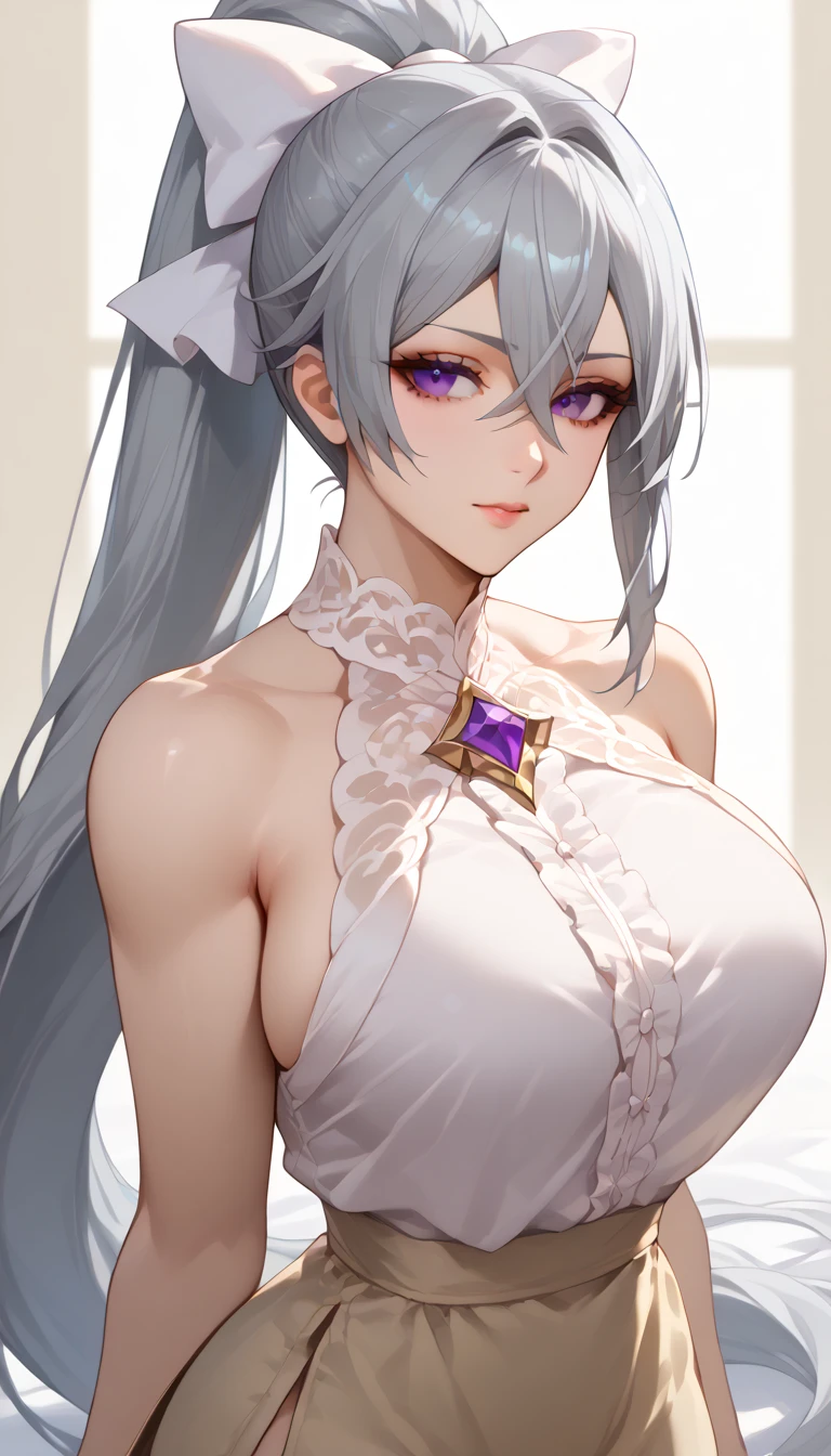 (masterpiece,  best quality,  best quality, beautiful:1.2), ( 1 girl),  Extremely Detailed, HIGHEST DEFINITION ,  perfect face,  high definition , Big Breasts ,hk1, purple eyes, grey hair, hair between eyes, long hair, very long hair, ponytail, mole under eye, bow, white bow,