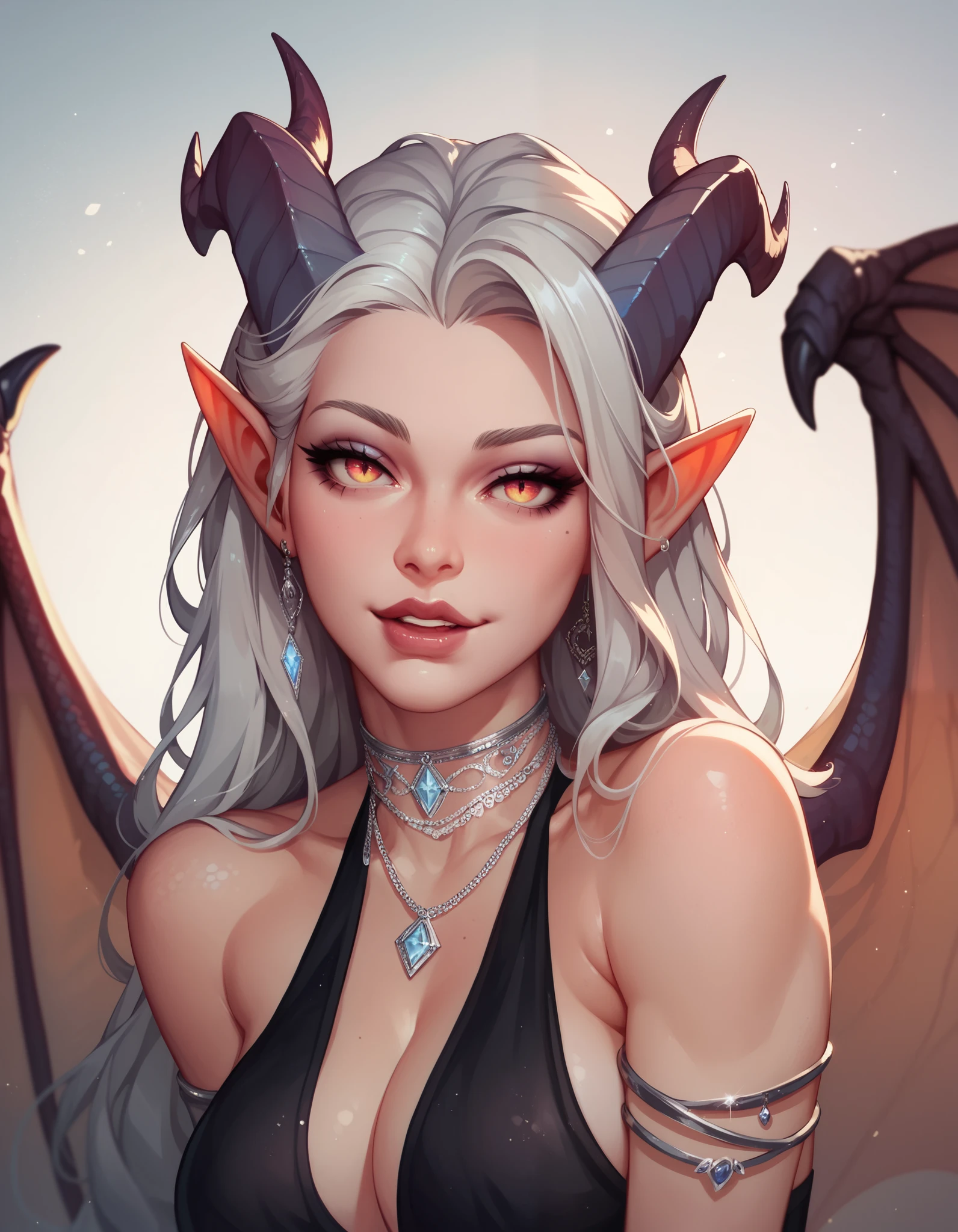 A demonic and seductive looking anime character, with black wings, long dark flowing hair, bright golden eyes, and curved horns like those of a ram. has pale skin, a mischievous smile and a playful and mysterious expression, holding a finger to his lips as if silencing someone. She wears a white dress with intricate detailing and gold accents, along with a blue gem on his chest. The scene is dramatically lit., with soft shadows that enhance her sharp features, as the background fades into darkness, adding an enigmatic and magical touch. The style is a mix of anime fantasy with intricate details, Capturing an intense portrait, close and dynamic