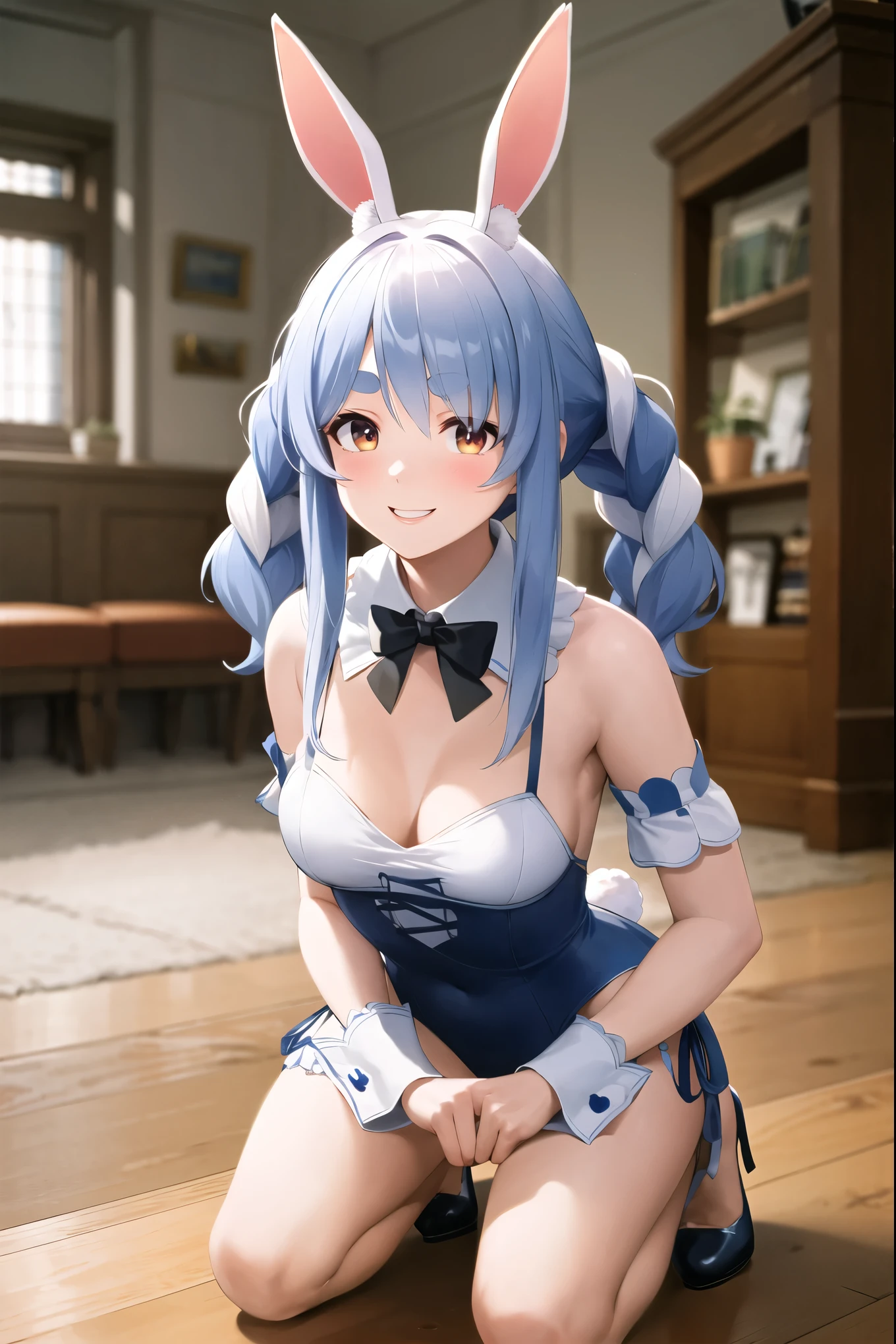 masterpiece,  best quality,  high definition , Bippekora,  rabbit ears, Kneel, smile, indoor