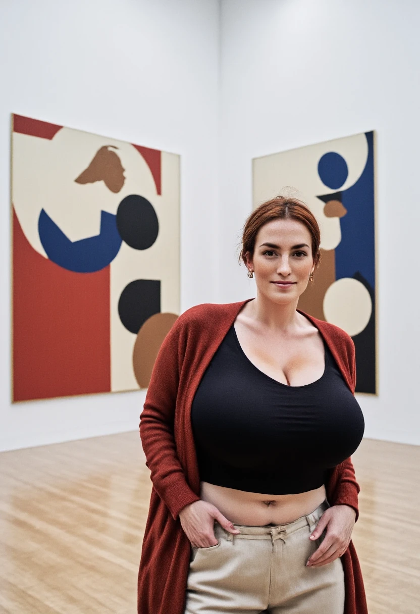 Photorealistic picture, a british woman visiting a museum of modern art. Wide open room with white walls and abstract paintings with geometric shapes. She is smiling. Wearing linen trousers and fitted black top with open neckline. Red cardigan. perfect hands,