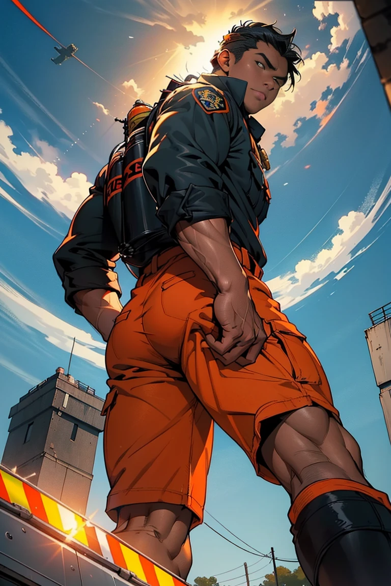 (1boy), ((looking back)), 25 year-old boy, cute , orgasm, bulky body, ((close-cropped black hair)), huge butt, (masterpiece), (best quality), (((perfect anatomically))), ((high detailed)), (((firefighter))), (clothed firefighter uniform without cap), ((wearing firefighter uniform with orange)), orange colour, japan, Iwatani Naofumi, (chubby:1.3), sunburned dark skin, glossy skin, (tan, tan lined), muscular bulky hunk 20 year-old male, at the street behind, at night, provoking, (angle from below: 1.6),