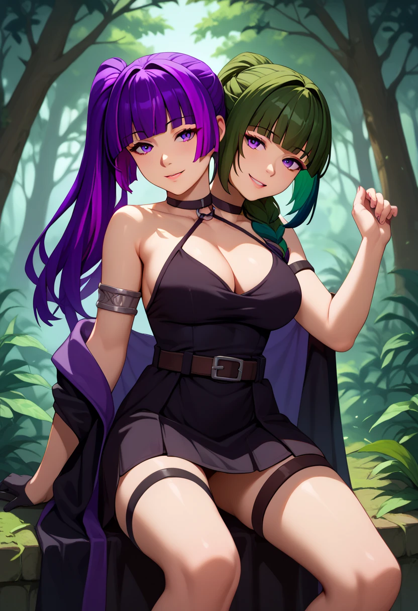 score_9_up, score_8_up, score_7_up,score_6_up, score_5_up, score_4_up, 1girl, solo, twoheads, 2heads, conjoined, ((2 different hairstyles)), ((SPLIT-COLOR HAIR)), ((purple hair)), ((dark green hair)), fern \(sousou no frieren\), large breasts, long hair, purple hair, half updo, blunt bangs, purple eyes,
open robe, long dress, UbelFrieren, purple eyes, dark green hair, medium hair, side ponytail, black choker, arm strap, armlet, black dress, halter dress, cleavage, short dress, belt, sleeveless, single glove, black gloves, thigh strap, black knee boots, flirting, cowboy shot, Forrest background