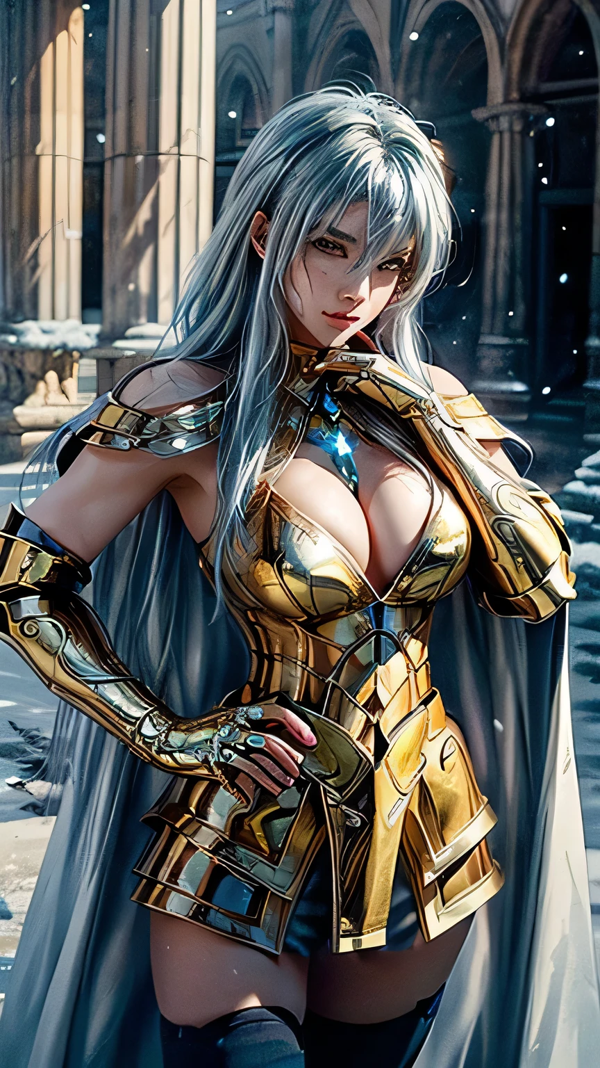 (masterpiece, realistic:1.3), (1girl), ((solo)), sharp focus, focus on face, looking at viewer, (naturally sagging medium breasts), thighhighs, perfect lighting, bloom,available light,Tyndall effect, absurdres, (Establishing shot), stunning colors, long hair, (white cloak), female wearing armor, (light blue hair), helmet, leg armor, shoulder armor, Golden Armor, yellow armor, long hair, AquariusArmor, (cold attitude,eyeshadow,eyeliner:1.1),(Mole under eye:1.0), ((cleavage)), outdoors,Ice snowing greek, greek pillar,(better hands), (((Fisheye-shot))), huge boobs