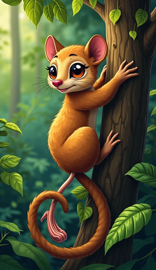 "A close-up illustration of a male kinkajou in its natural forest habitat, with a focus on its unique four-headed penis. The kinkajou is hanging from a tree branch with its tail coiled around, showing its distinctive anatomical feature. The surrounding jungle is lush, with thick foliage and vibrant green leaves. The kinkajou’s fur is soft and golden-brown, with large, expressive eyes, and its body is agile and adapted to arboreal life."