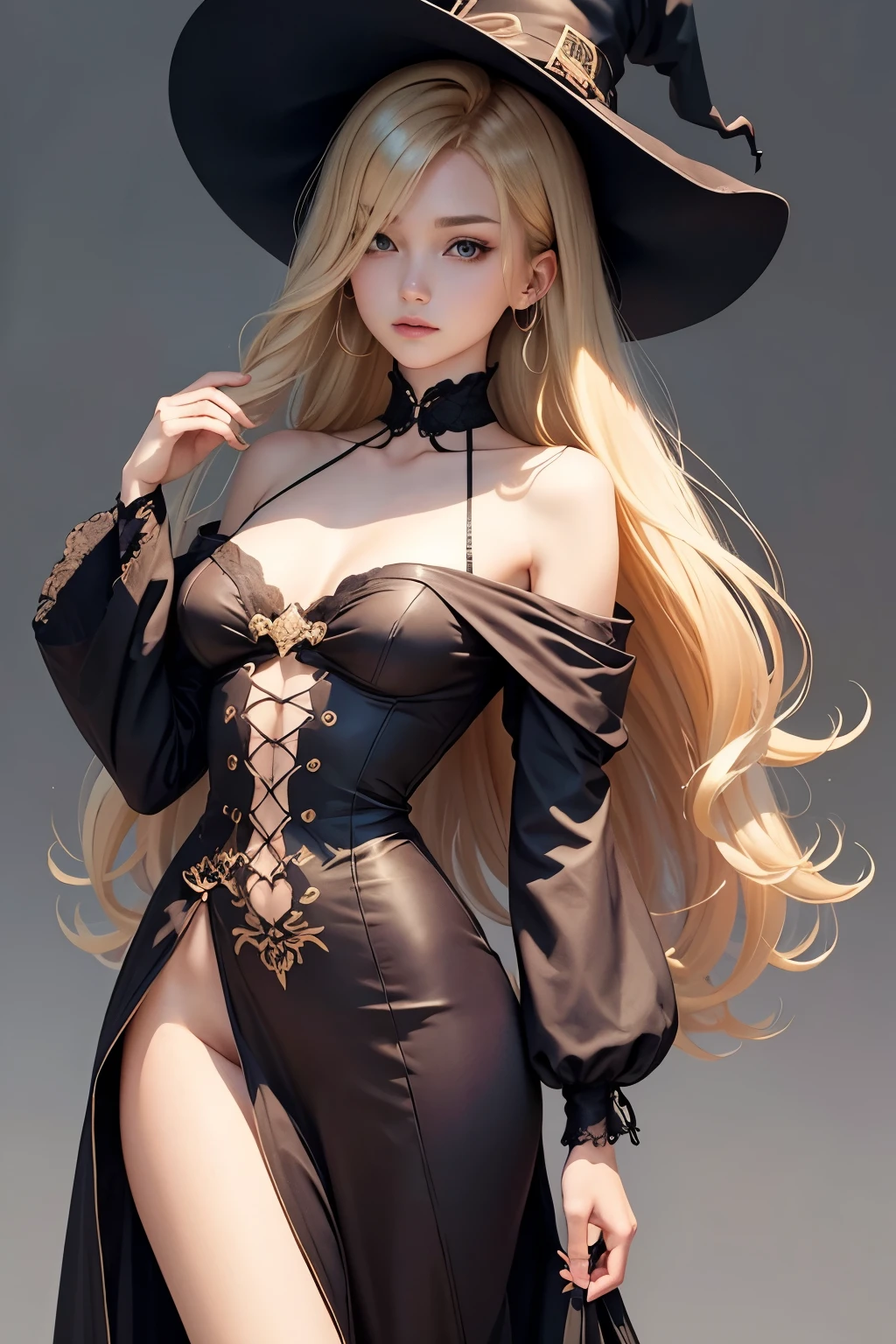 Charming Russian model Nata Lee, light blonde hair, wearing a witch hat, Female witch in sexy dark purple leather armor with a cape,(Open your mouth,Showing vampire fangs,(poison fangs:1.2),(teeth:1.1) Vampire mouth),Sharp teeth,(Vampire skin is super fair and smooth)、(In the background is a classical western castle,Stone castle,High bell tower,Square high-rise clock tower,large moon,moon full,Enshrouded by cloudoon stars are rare,)A pair of pitch-black wings spread out on the back,the bats,Soft and cold,((Vampire teeth are surprisingly white,Showing fangs,licking own lips)),Image of Araved posing for a photo,The eyes burn like a scorching flame,It emits a terrible red light。Around his body,It is full of mysterious and deadly energy。 the sailor moon. Beautiful, Anime goddess, Anime girl in real life,Anime cosplay, Scholar, Anime figure; Full-body art, seductive anime girls,(((Kojima Bunmi style)))