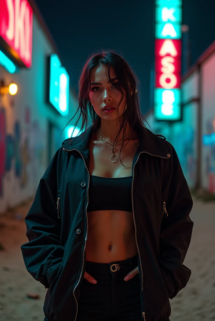 Cover for a song titled 'JOHNNY' in the Trap Hip Hop Drill genre. The focus is on a strong, fierce woman. She remains confident, wearing urban clothing with dark, dark tones, in a sandy urban landscape. The background is a night scene with graffiti covered walls, bright neon signs, and shadows to create an intense, powerful atmosphere. The woman should have a determined expression, symbolizing resistance and power, ready to rise. The title 'Rise Up' is in bold, metallic lettering at the top, with an aggressive touch, urban font style.