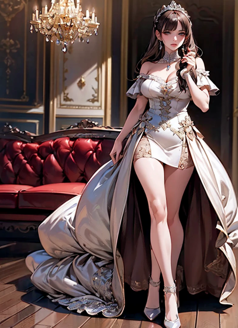 White woman、Silver Hair、Straight Hair、long hair、Sexy proportions、Big Breasts、Cleavage Emphasis、Wear an off-the-shoulder dress、Wear stiletto heels、smile、View from above、Marble floor、Inside the majestic building、Place your hands on your hips