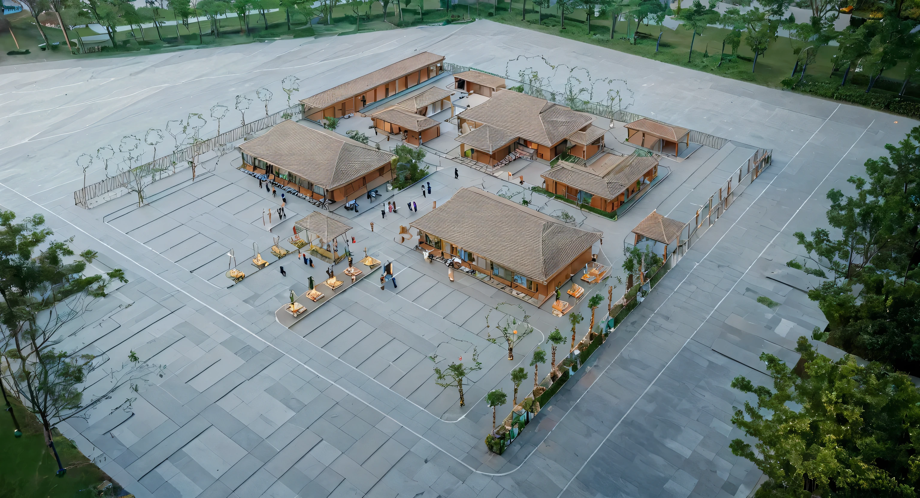 Architectural coloring of a perspective view from above, depicting an exhibition area inspired by Hue architecture. The design features red-tiled roofs, wooden column frameworks, red brick flooring, and a red-tiled courtyard. In front, there is a parking lot, flanked by rows of bronze statues on both sides of the road. The inner courtyard showcases the Nine Dynastic Urns (Cửu Đỉnh), with walls made of rough red bricks and wooden doors and facades. Surrounding the structure are low shrubs and tall trees, creating a poetic ambiance with a slight mist. The scene evokes the bustling atmosphere of a traditional bronze casting village, with warm, subdued tones that stir emotions