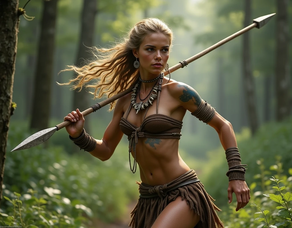 Masterpiece, 45 year old woman, brown hair, fur bikini, holding a spear and wooden shield, wet skin, fit, standing in a field of destroyed robots and machine parts, realistic 