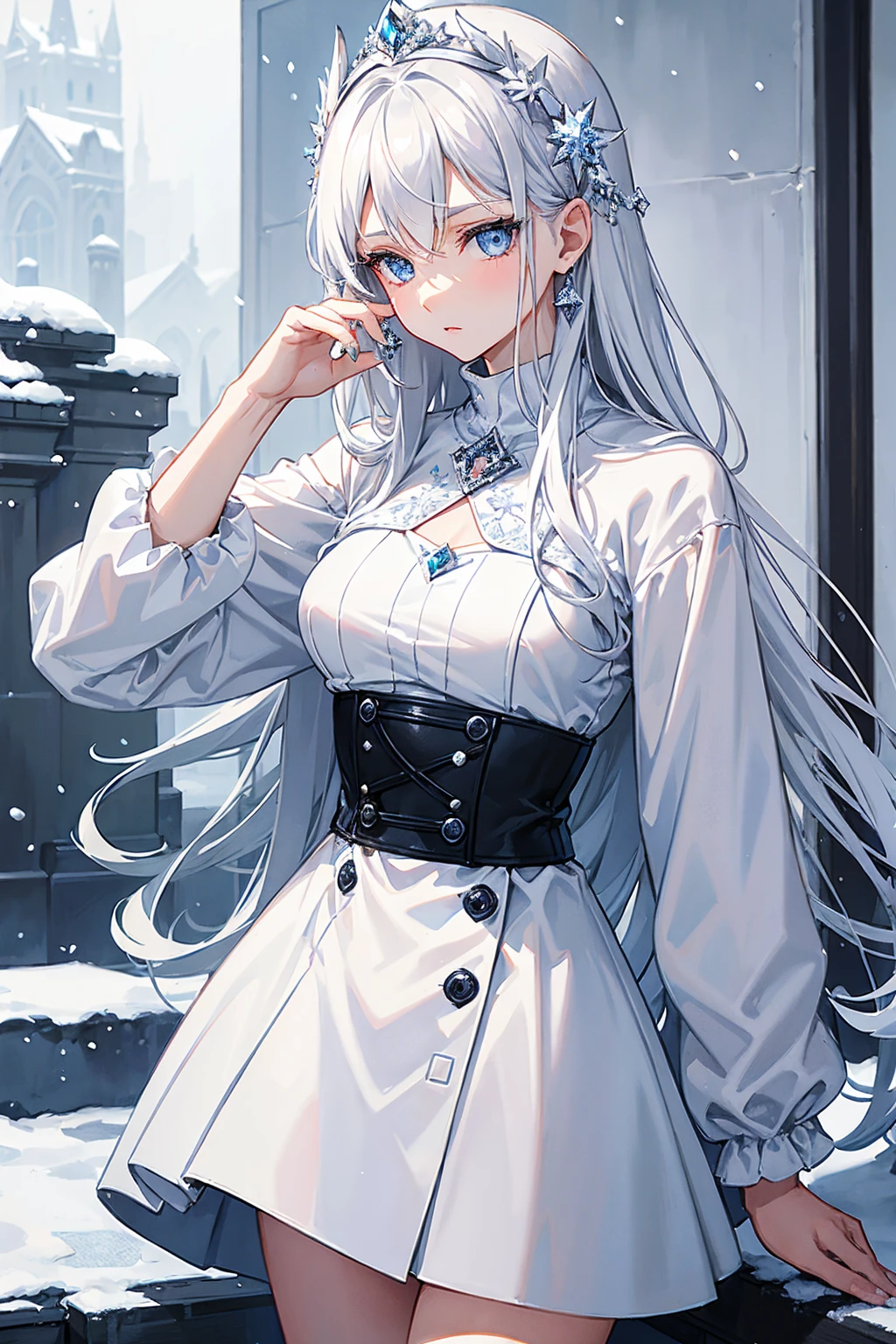 masterpiece, highlydetailed, ultra-detailed, cold, solo, (1girl), (pale skin), icyblue eyes, frosty white hair, cool Chara, flat face, young lady, lady chara, medium boobs, Arrogant, confident, cold face, goddess, cool kuudere girl, snowflakes, (frozen flowers:0.5), (calm expression), (sparkling ice crystals), (modern casual clothes), (snow-covered ground), (smile:0.8)