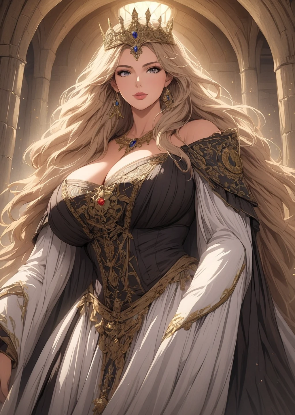 best quality, masterpiece:1.2), perfect body, huge breasts, attractive woman, Tarot card number 3, Empress, medieval style, anime character style, realistic rendering, elaborate details