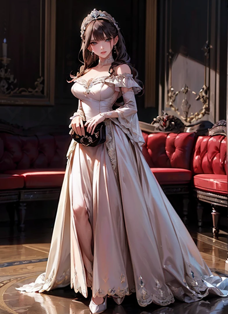 ((anime moe artstyle)),(((Masterpiece))), ((Best Quality)), ((Super Detail)), (Illustration), (((Very Delicate and Beautiful))),Dynamic Angle,Looking at viewer,((((Solo)))),((1 arrogant lady)),(a beautiful fantasy arrogant empress),(((Full body))),Standing,royal elegant pose,((dominant pose)),(arrogant),((haughty smile)),Purple eyes,(Sharp eyes),Detailed Face, Long Eyelashes,(Jet Black Hair),(Straight Hair),(((Very Long Hair))),Bangs between eyes, ((((gigantic breasts)))),cleavage,(skindentation),curvy,(rococo ball gown with gorgeous embroidered black and rose gold ruffles),(gorgeous embroidered black and rose gold ruffled rococo ball gown),(fluffy Black and rose gold ballgown with gorgeous embroidery),corset,((hoop skirt)),princess dress with lots of jewels,((gorgeous embroidery)),(rose gold trim),((crinoline)),opera gloves,finely decorated jeweled tiara, gem earrings,finely decorated necklace,Beautifully jeweled ornaments,indoor,royal ballroom,light particles,