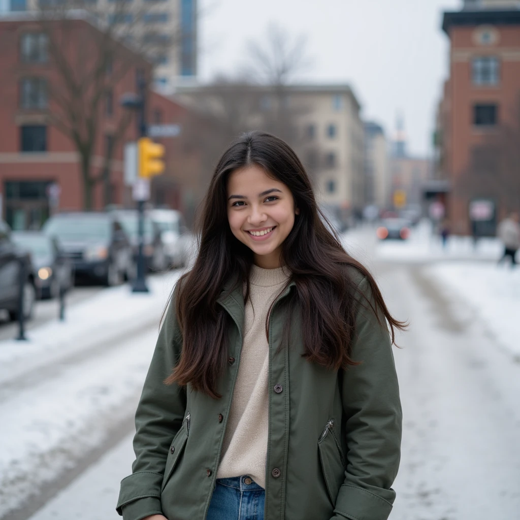 (morning), 1girl, solo,  looking at the audience, winter, cowboy shot, (downtown), cowboy shot, smile, black hair