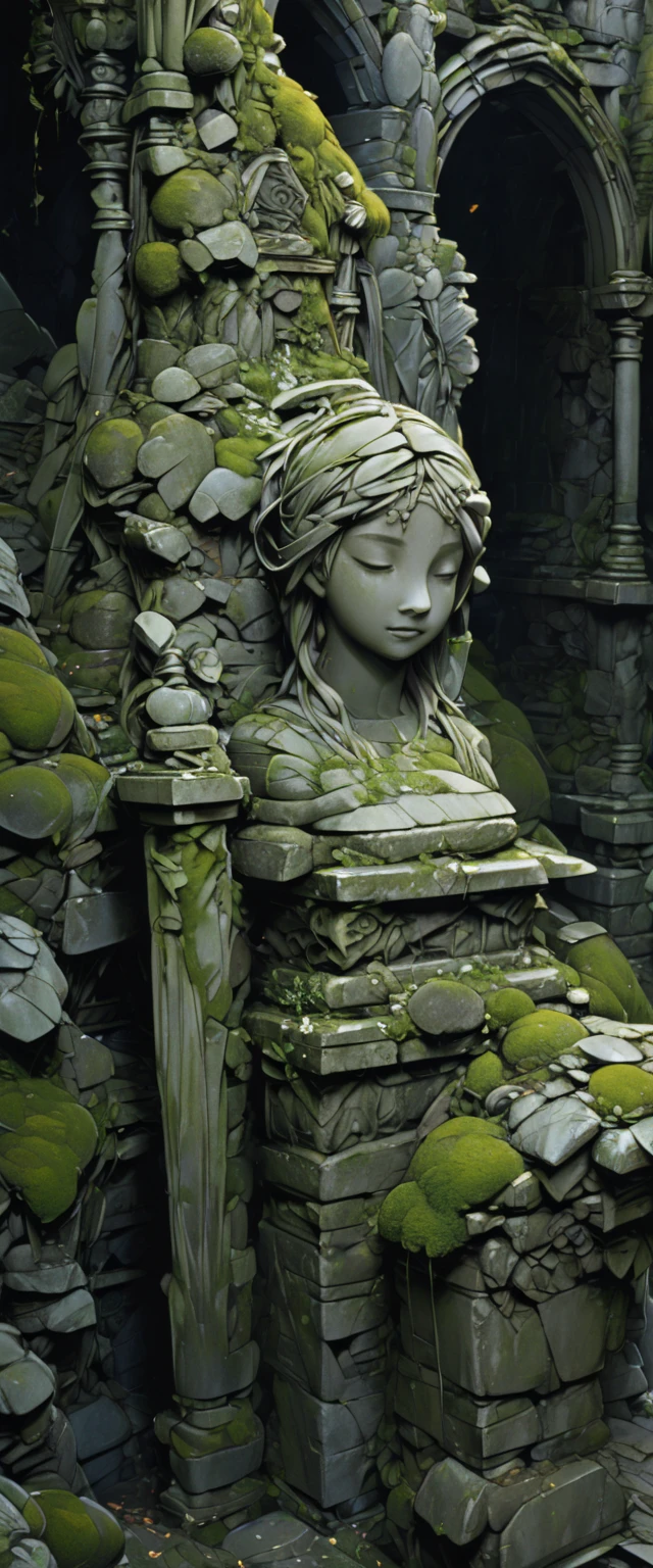 Ruins,(Stone Skin:1.3),Old Stone ,Mossy,Stone statue of a girl, closed eyes,stonedu