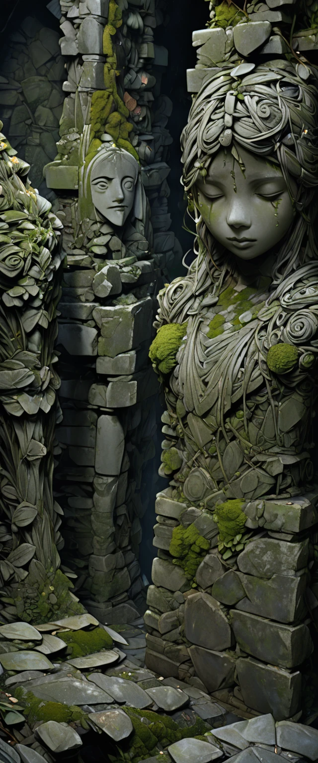 Ruins,(Stone Skin:1.3),Old Stone ,Mossy,Stone statue of a girl, closed eyes,stonedu