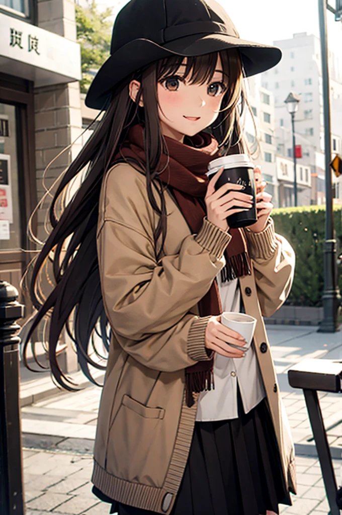   One Girl with Him , 秋の紅leaf, bangs,   Black Headwear ,  blurry background, ,   Brown Eyes  ,  brown hair, brown scarf, brown  skirt,   cardigan, coffee,   cowboy shooting alone , cup, disposable cup, [[drink, 落ちleaf, Beanie, holding, holding [[drink, leaf,  long hair,   Long Sleeve  ,   viewers , open   cardigan,  Open your mouth , Check pattern, Check pattern  skirt, puffy   Long Sleeve  , red  sweater, scarf,  shirt,  shirt tucked in,   side lock,  skirt, smile, Alone,  sweater, white  shirt,   Very detailed,  complicated, masterpiece,  absurd
