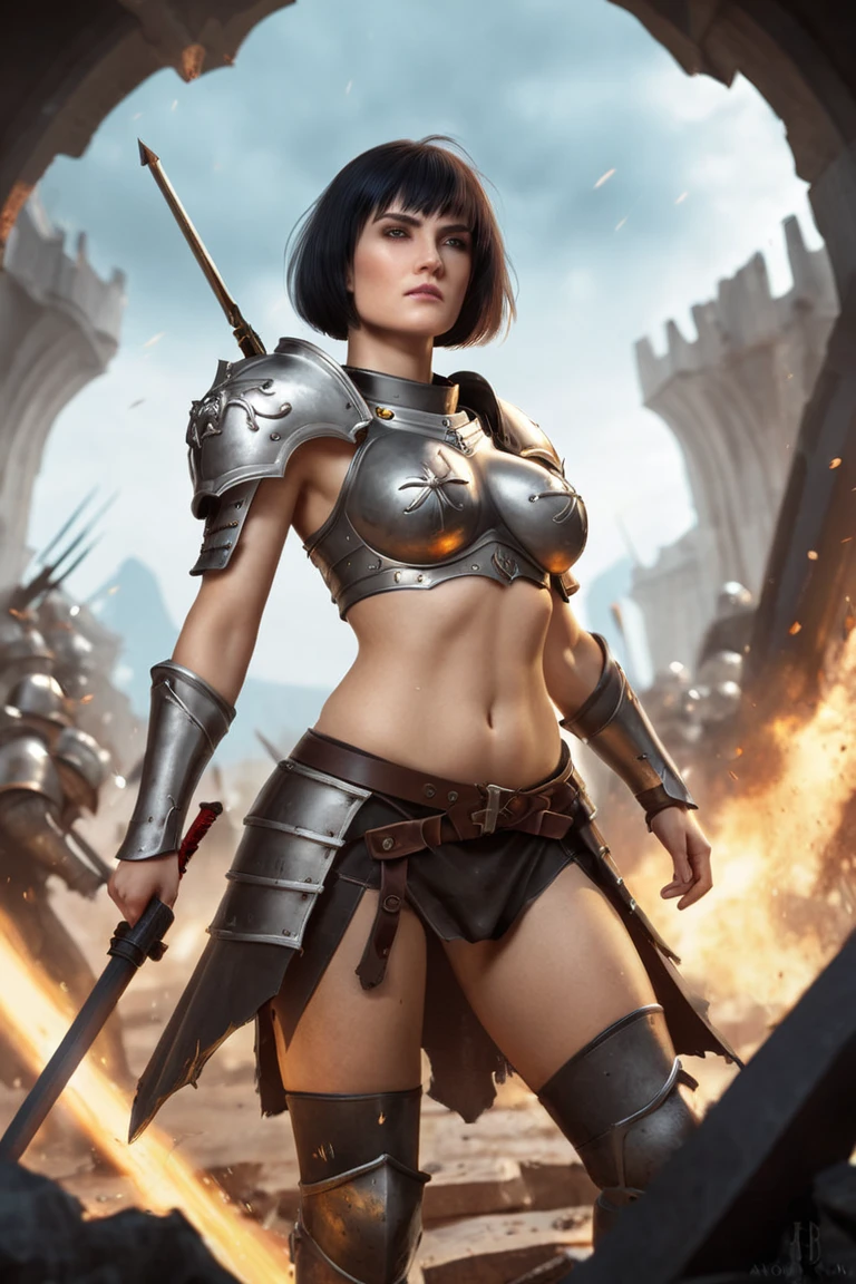 A sister of battle preparing for battle, her armour is damaged from battle, midriff, toned abbs, white hair, she is repairing her armour, ethereal, ominous, frightening, realistic, High Resolution, Breasts, Short Hair, Anatomically Correct, Detail, Wide Shot, Wide-Angle, 