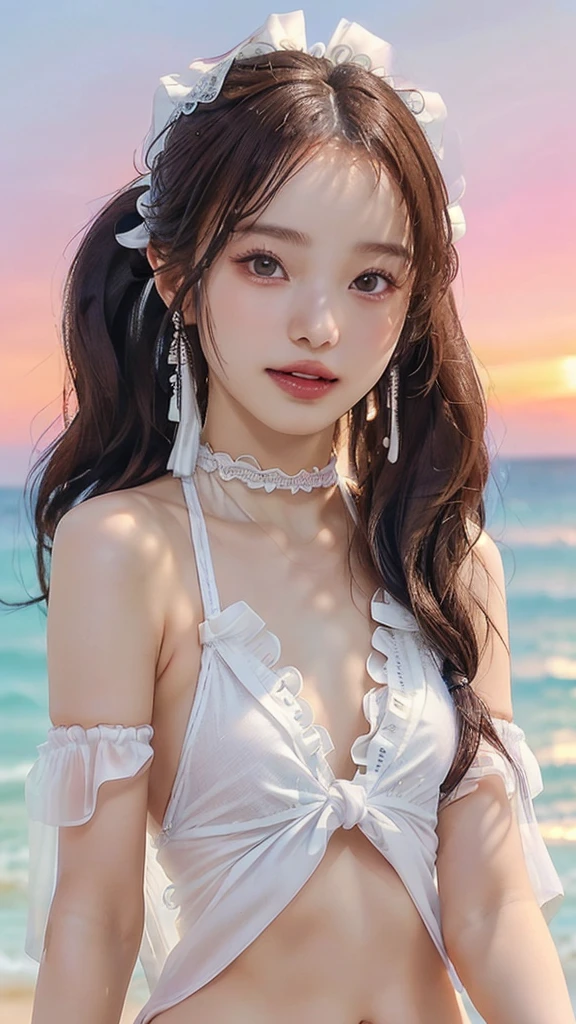 (((cowboy shot:1.2))), from front, look at viewer, (((nsfw:1.2))), 
(((Extremely small white micro bikini style:1.4))), (((lace, Frills, See-through:1.2))), 
(((Outdoor:1.2))), (((evening:1.2))), (((The background is a Sunset beach:1.2))), 
1 woman, (((small face:1,3))), (((Sexy and beautiful face))), small breasts, (((white skin:1.2))), (((Close own mouth, right smile, happy))), 
((blonde hair)), ((Blunt Bangs)), (Medium Hair, Wavy Hair, Curly Hair, Twin Tails), 
((black choker)), ((sexy big earrings)), 
Blurred Background, Fantastic, Epic Scale, 
(best quality), (high quality), (masterpiece), (4k,8k,raw photo), (((Highly Detailed Face and perfect Skin Texture))), 
Depth of written boundary, (((Very elegant and beautiful, Perfect detail, Super detailed))), Beautifully detailed whole body,
