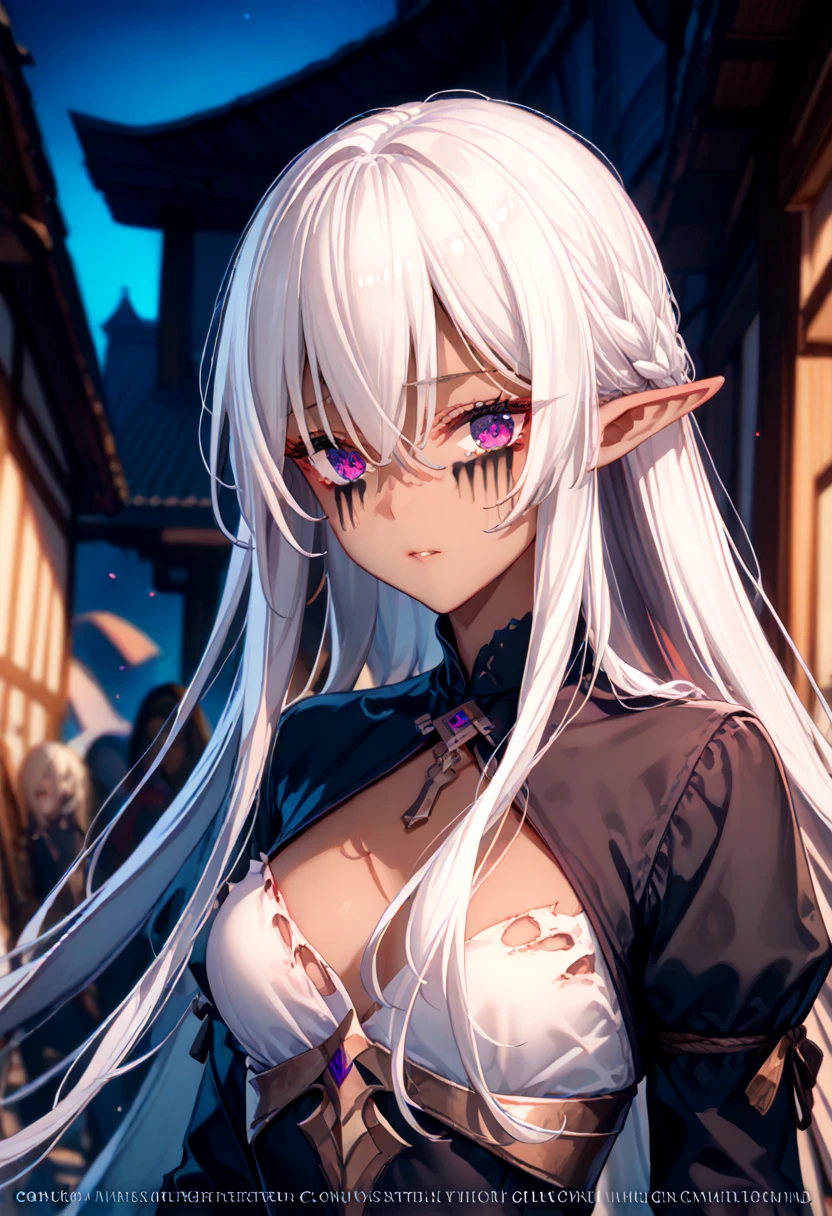 (masterpiece,  high quality ,  Best quality ,  official art ,  A beautiful and aesthetic :1.2), ((dark elf)), (( 1girl)),  extremely detailed ,  BREAK,  incredibly detailed face, Eye details, blunt bangs,  white hair, ( to the hair between the eyes ), eyelashes,  purple eyes , eye shadow, pink eye shadow, ( dark skin :1.2), stockings, Colorful, slave ,  collar, 