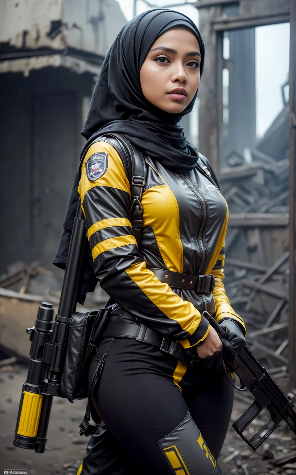 (Asian SuperWoman, Malaysian, huge breasts, athletic, slim waist, big hips, big eyes, Hijab with uniform symbol, tattered uniform) in a desperate fight with (Cannibal Corpse| Ninja)