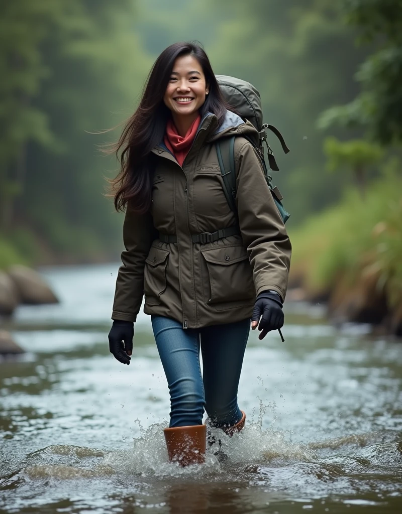 hiker wading through stream, wet clothes, wet hair, dripping wet, 1girl, looking at viewer, smile