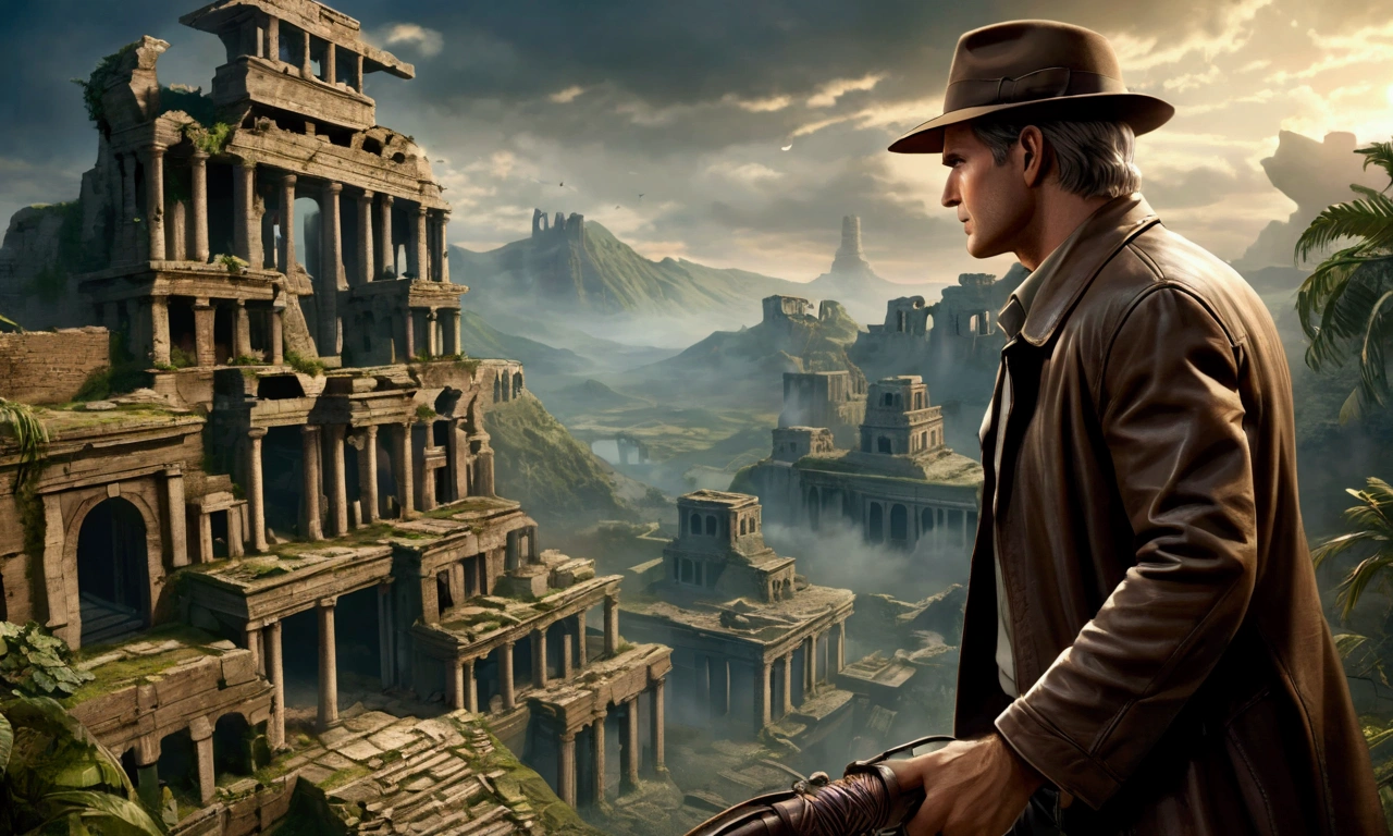 background\((inside ancient city\((futuristic:1.3), ruin,elaborate,mysterious , dark, (supernatural:1.5)\):1.4)\), very realistic portrayal, (dynamic angle:1.4).screenshot of movie, great advertisement poster, (landscape:1.3). focus on ancient city. BREAK .(solo:1.3),1boy,Indiana Jones\(Harrison Ford, movie character, wearing fedora hat, leather whip, black leather jacket, sooty safari shirt, wool pants, British bag, (looking away:1.3),(dynamic action:1.3),holding shining (mystic ancient parts:1.4)\). BREAK .quality\(8k,wallpaper of extremely detailed CG unit, high resolution, top-quality, top-quality real texture skin, hyper realistic, increase the resolution, RAW photos, best quality, highly detailed, the wallpaper, golden ratio, high saturation realism, vibrant colors, dramatic lighting, persuasive storytelling, atmospheric scenery, captivating visuals, intricate details, strong emotions, dreamlike world\)