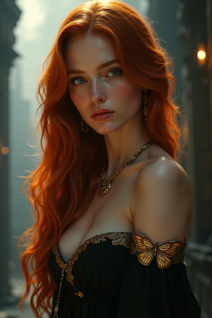 (solo, full body photo:1.3), (action packed:1.3), (haze, fog, mist:1.3), chiaroscuro, best quality, photorealistic, 1woman, (cute), (24yo:1.2), redhead, long ginger hair highly detailed, 1700'S, digital photography, art by artgerm and ruan jia and greg rutkowski surreal painting gold butterfly filigree, broken glass, (masterpiece, sidelighting, finely detailed Fashionable eyes: 1.2) (perfect oval large eyes that gazes at the viewer), beautiful detailed face, blue gorgeous perfect eyes, (blonde hair ponytail), (attractive young woman:1.3), (thick amazing hair), (seductive:1.1), (blushing:1.1)