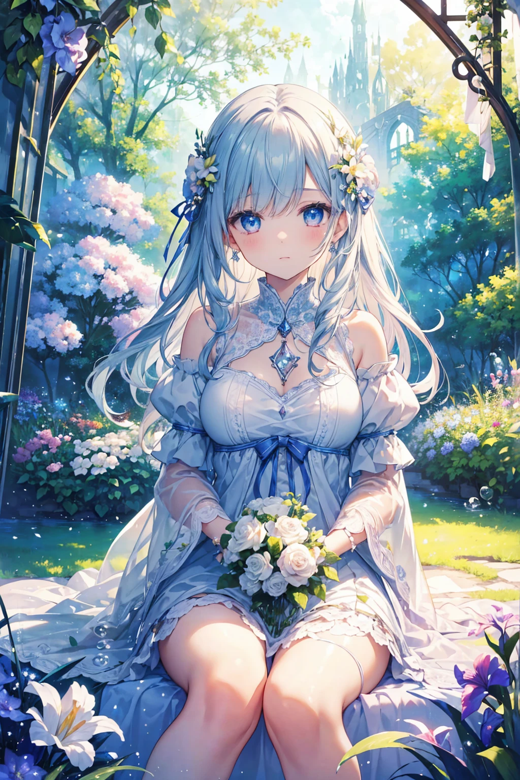 (best quality),(Masterpiece),dynamic angle,(extreme detailed illustration),(extremely detailed CG unity 8k wallpaper),amazing,Depth of field,(highly detailed),((an extremely delicate and beautiful)),((1girl)),((extremely detailed eyes and face)), <lora:furina1:0.8>,bangs, bench, blue eyes, bouquet, breasts, dress, eyebrows visible through hair, flower, flower pot, hair ornament, holding, holding bouquet, holding flower, hydrangea, ivy, leaf, lily \(flower\),long sleeves, looking at viewer, outdoors, plant, potted plant, purple flower, ribbon, sitting, solo, stairs, vase, vines