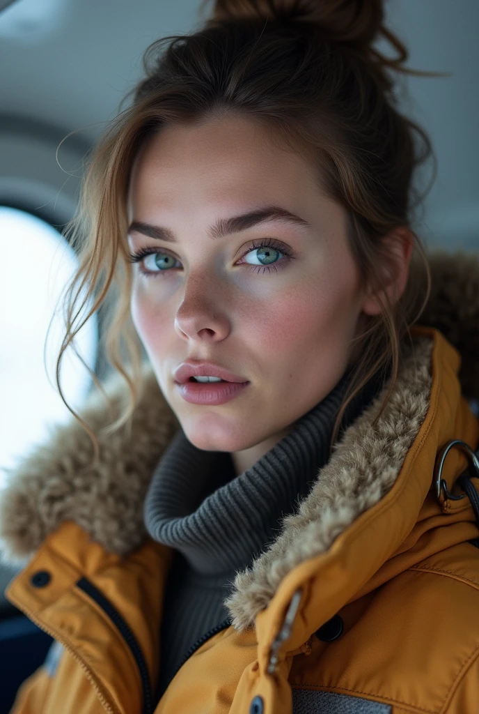 ((High definition)), ((whole body)) press photograph, ((aviator))((wearing open raincoat and lingerie)), ((Lockheed Vega 5B in the Arctic)), ((enchanting)), ((Hair in bun)), ((looking at the camera)), detailded, detailded pretty face, sharp focus, (detailded and intricate), 4K, Leica 35mm F2.8, Fuji Superia Reala 100