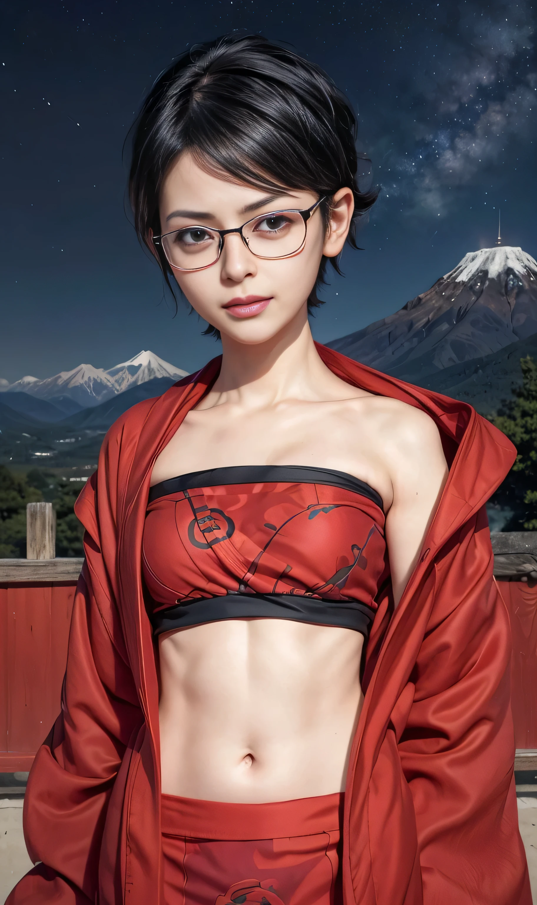 masterpiece, best quality, (realistic,photo-realistic:1.4), (RAW photo:1.2), extremely detailed CG unity 8k wallpaper, delicate and beautiful, amazing,finely detail, official art, absurdres, incredibly absurdres, huge filesize, ultra-detailed,extremely detailed eyes and face,light on face,sarada,(smirk:1.4),(black hair:1.4),(very short hair:1.4),nature,sarada uchiha,(wearing black framed glasses:1.5),(wearing yukata:1.5),(mountain:1,5),tube top