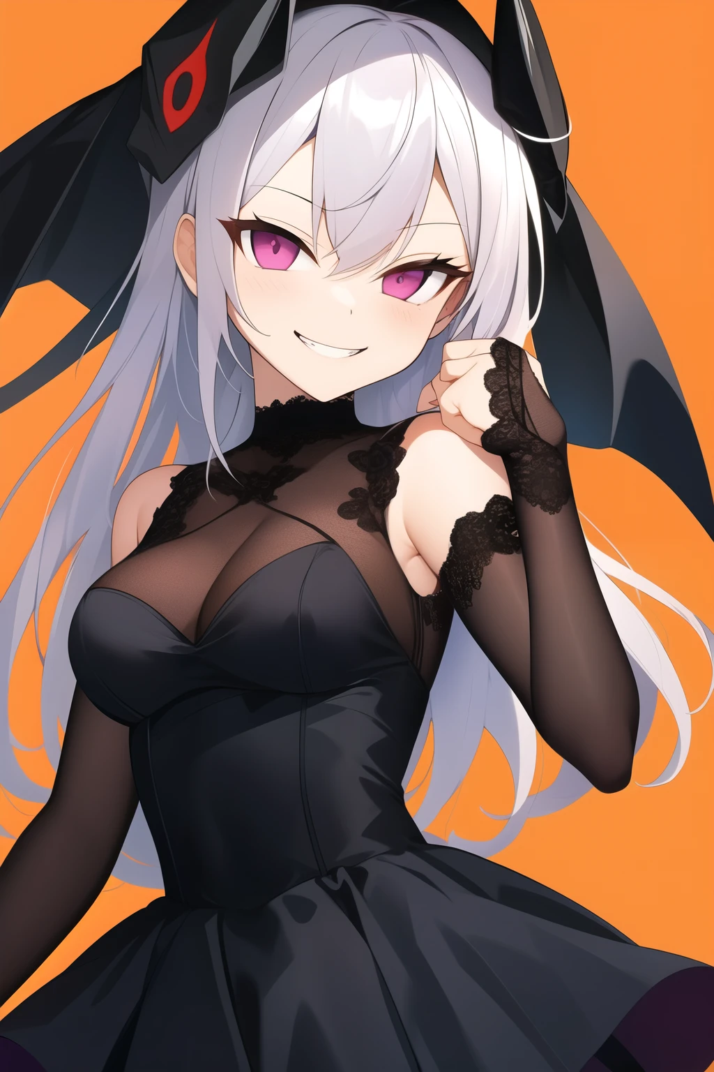 black bunny outfit, barefoot, bare hands, black sleeves, black stockings, happy face, red eyes, white bunny tail