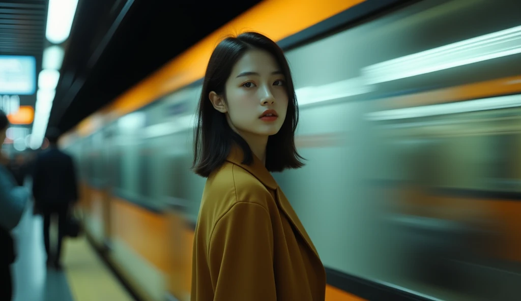 Martin time blur,Martin portrait,film photo,1girl stood next to the high-speed subway,looking at viewers,high quality,