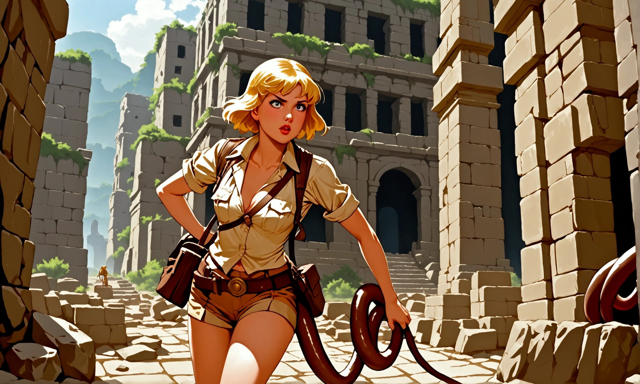 cute woman (role of Indiana Jones, sexy explorer outfit, hot scared college lesbian assistant (ditsy blonde damsel in distress), gun and whip), is exploring rape tentacle filled ancient ruins of a great city, high action, damsel distress, damsel rape, golden treasure, show all of main character head to toe
