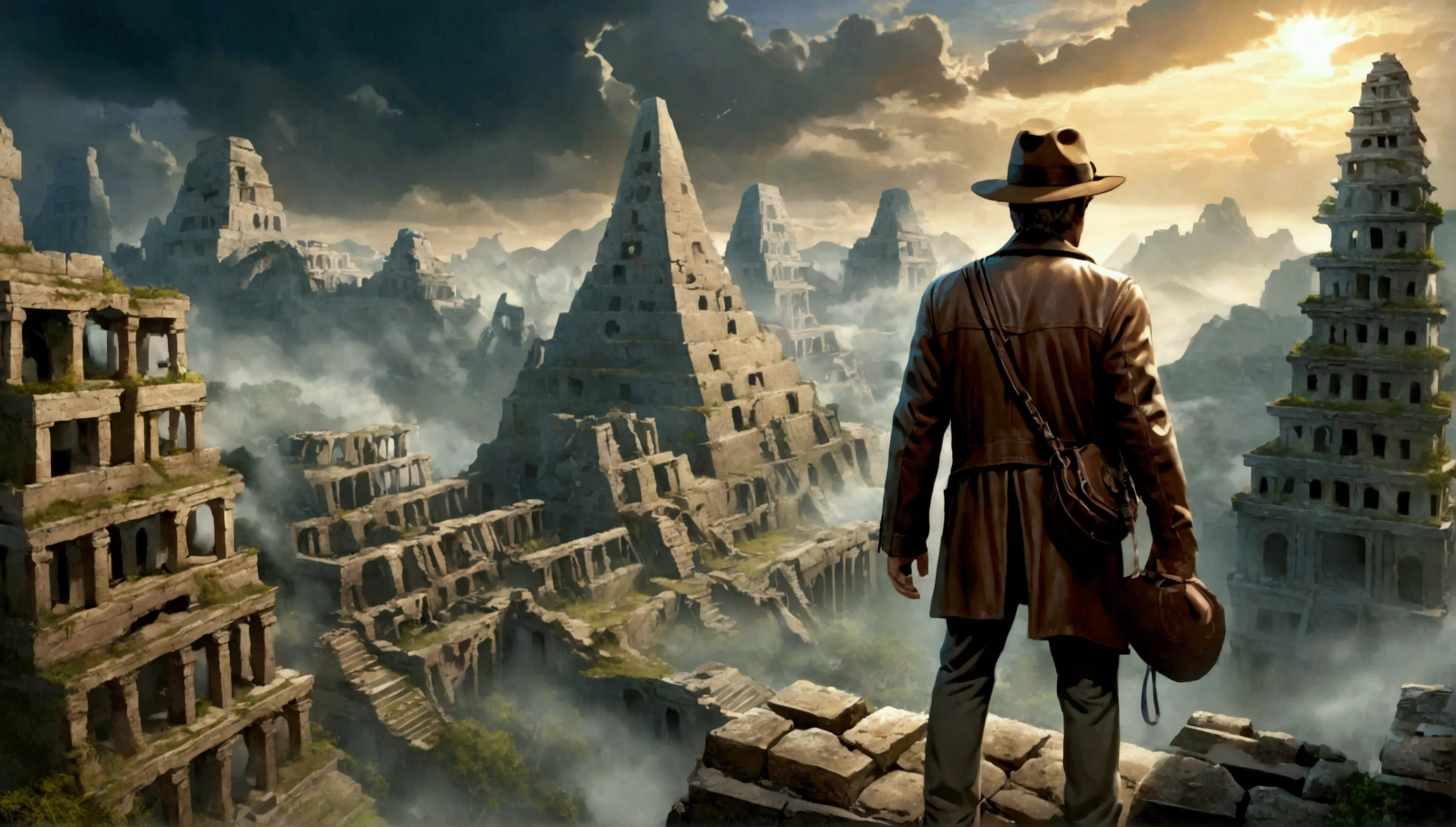 background\((inside ancient city\((futuristic:1.3), ruin,elaborate,mysterious , dark, (supernatural:1.5)\):1.4)\), very realistic portrayal, (dynamic angle:1.4).screenshot of movie, great advertisement poster, (landscape:1.3). focus on ancient city. BREAK .(solo:1.3),1boy,Indiana Jones\(Harrison Ford, movie character, wearing fedora hat, leather whip, black leather jacket, sooty safari shirt, wool pants, British bag, (looking away:1.3),(dynamic action:1.3),holding shining (mystic ancient parts:1.4)\). BREAK .quality\(8k,wallpaper of extremely detailed CG unit, high resolution, top-quality, top-quality real texture skin, hyper realistic, increase the resolution, RAW photos, best quality, highly detailed, the wallpaper, golden ratio, high saturation realism, vibrant colors, dramatic lighting, persuasive storytelling, atmospheric scenery, captivating visuals, intricate details, strong emotions, dreamlike world\),(from above:1.3)