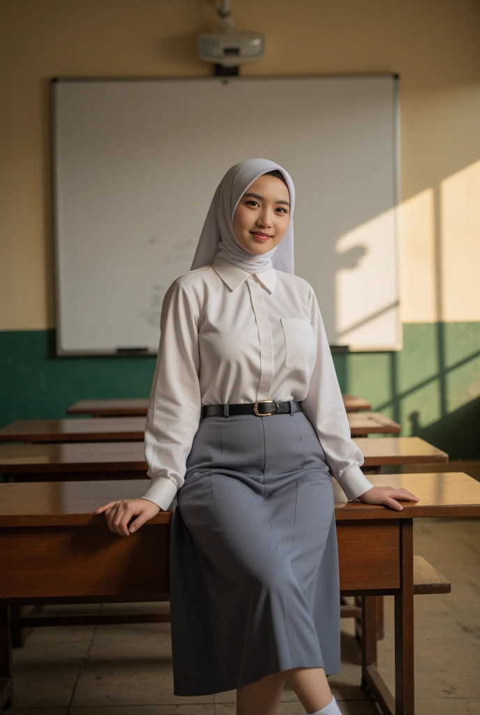  a beautiful young Indonesian woman  ((big boobs 2 .3)) sitting on a school bench )). (( Wearing a white Islamic hijab )) ((shirt pocket on the left breast )). (( Indonesian high school uniform shirt in white color long sleeves )).  Skirt up to calf color blue to ash)) (( wears black school belt )). ((feet wearing black shoes.))  socks white to calf )). ((  inside a school classroom  )).  Large and wide whiteboard background hanging on the classroom wall. Full body smiling . ((Rekamancctv . Warm light .  Low light.))