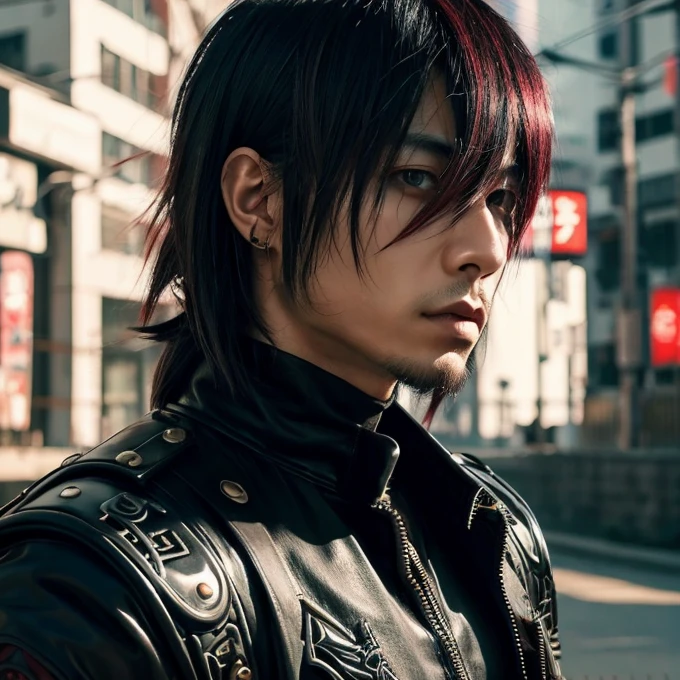 1 man, Japanese man, 30 years old, hairstyle Visual Kei, hair color blonde, muscular, broad shoulders, ultra detailed face and eyes, Asian eyes, pretty face, realistic representation, outfit gothic-cyberpunk, black men's shirt and black pants, long hair, hairstyle Visual Kei