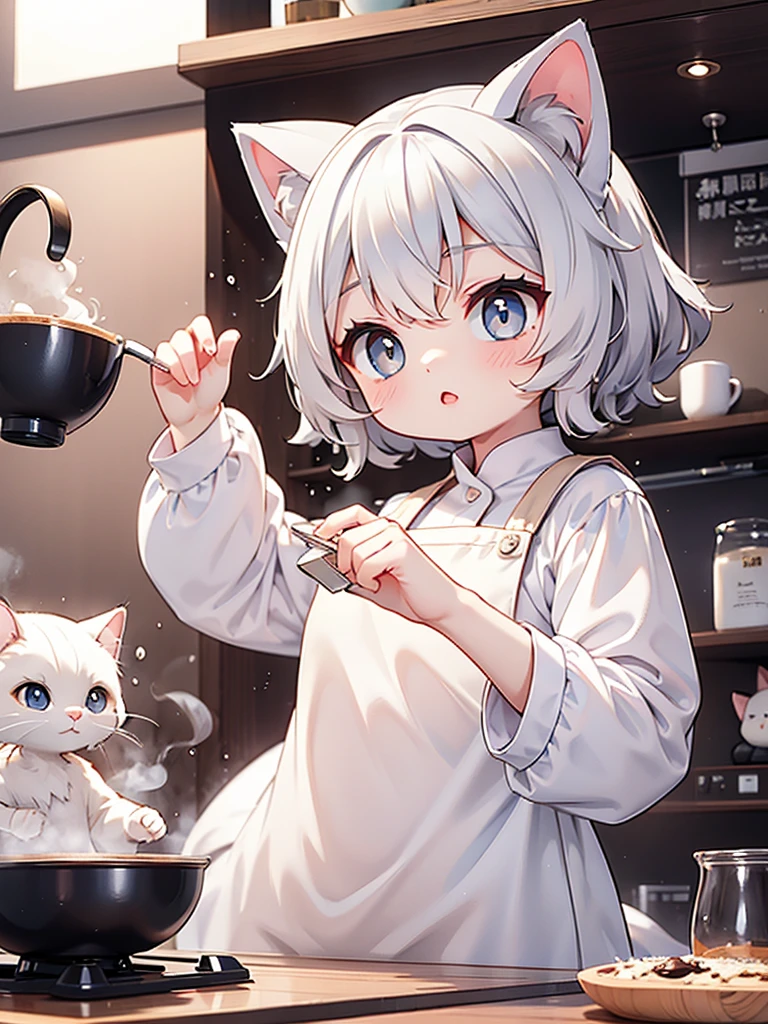 Siamese cat、kitten、 white and gray body hair 、 cooking、 is brewing coffee、