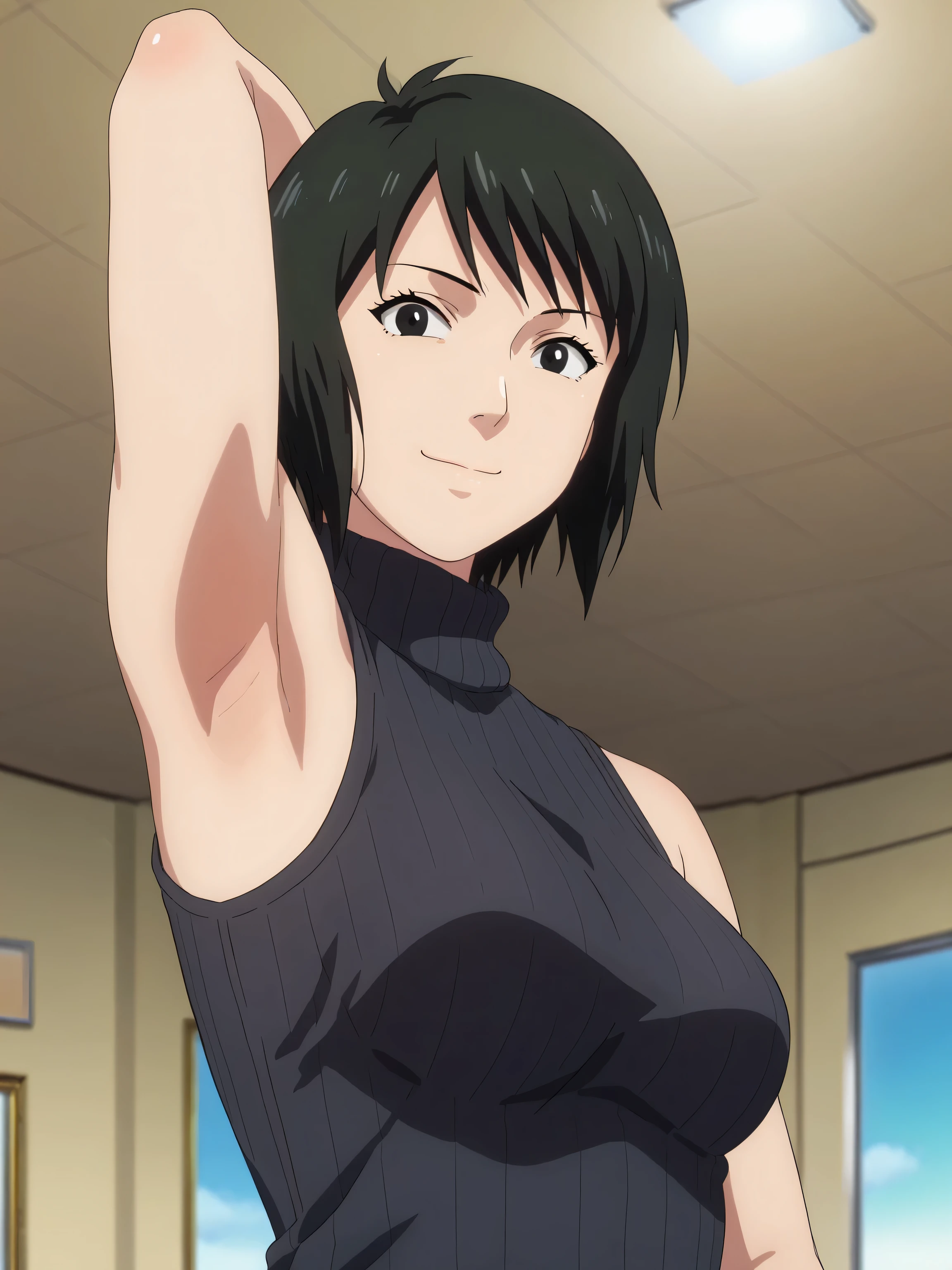 score_9, score_8_up, score_7_up, source_anime, anime screencap, 1girl, solo, shizune, mature, short hair, black sweater, sleeveless sweater, ribbed sweater, turtleneck, sleeveless, bare shoulders, bare arms, arm behind head, armpit, looking at viewer, head towards viewer, smile, closed mouth, badhandv4, indoors, from side, from below 