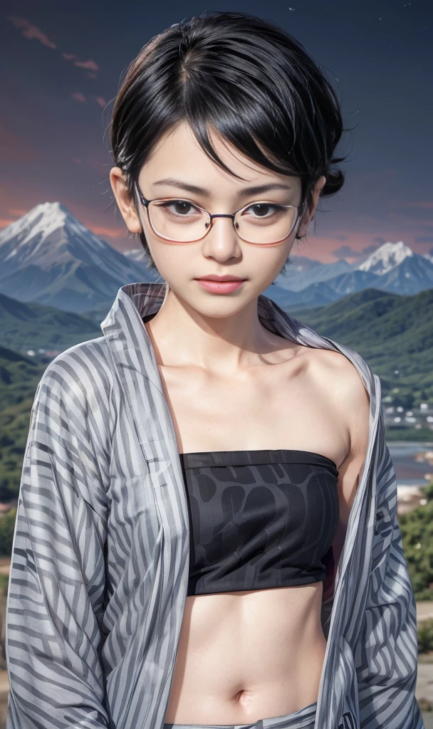 masterpiece, best quality, (realistic,photo-realistic:1.4), (RAW photo:1.2), extremely detailed CG unity 8k wallpaper, delicate and beautiful, amazing,finely detail, official art, absurdres, incredibly absurdres, huge filesize, ultra-detailed,extremely detailed eyes and face,light on face,sarada,(smirk:1.4),(black hair:1.4),(very short hair:1.4),nature,sarada uchiha,(wearing black framed glasses:1.5),(wearing yukata:1.5),(mountain:1,5),tube top