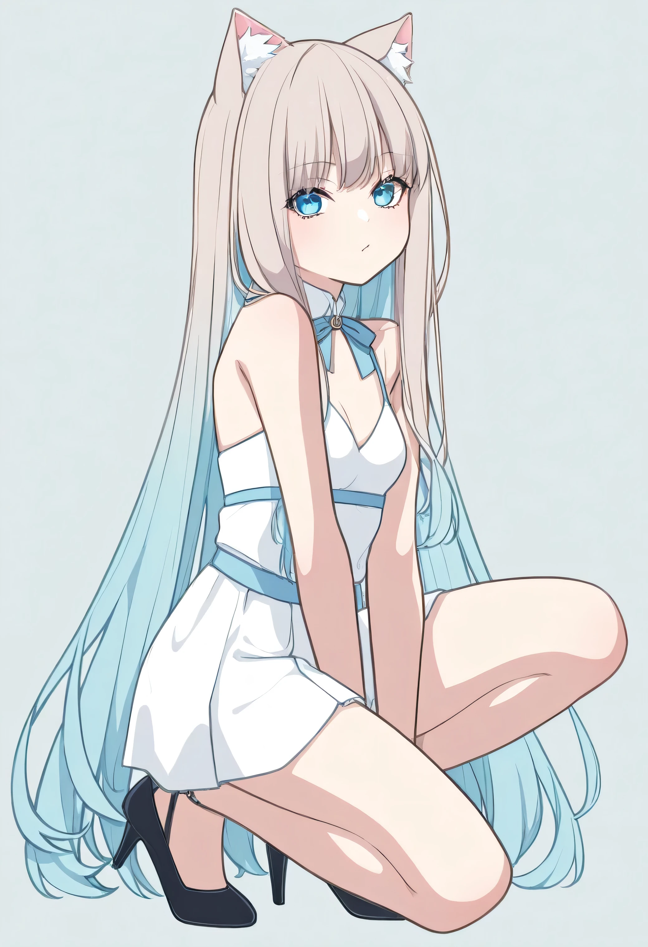 High image quality 、 High Quality 、 girl with cat ears 、 salmon beige hair 、 pastel white inner color 、Cat ears the same color as hair color 、 Long Hair 、 Rob 、 my hair is beige and pastel white、 turquoise blue eyes 、 short、 small breasts、 small breasts、 face close-up 、 B in a capella 、 My cheeks are on the ground 、 、 high heels 、 cat ears、 outcrop、Slender body、 simple background