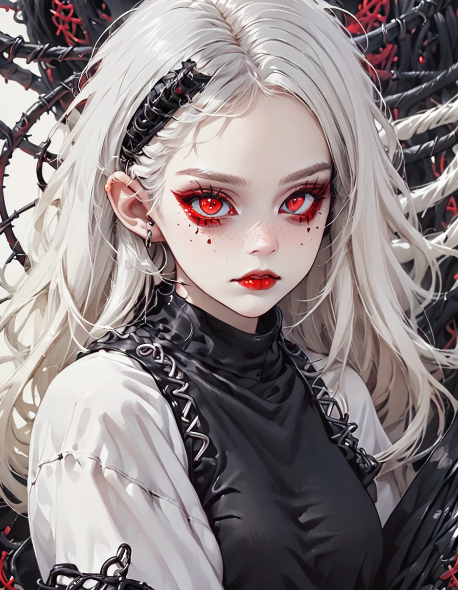 Beautiful young white-haired girl with piercing red eyes, half smile with full lips, black nails, barbed wires everywhere(coiled black barbed wires)