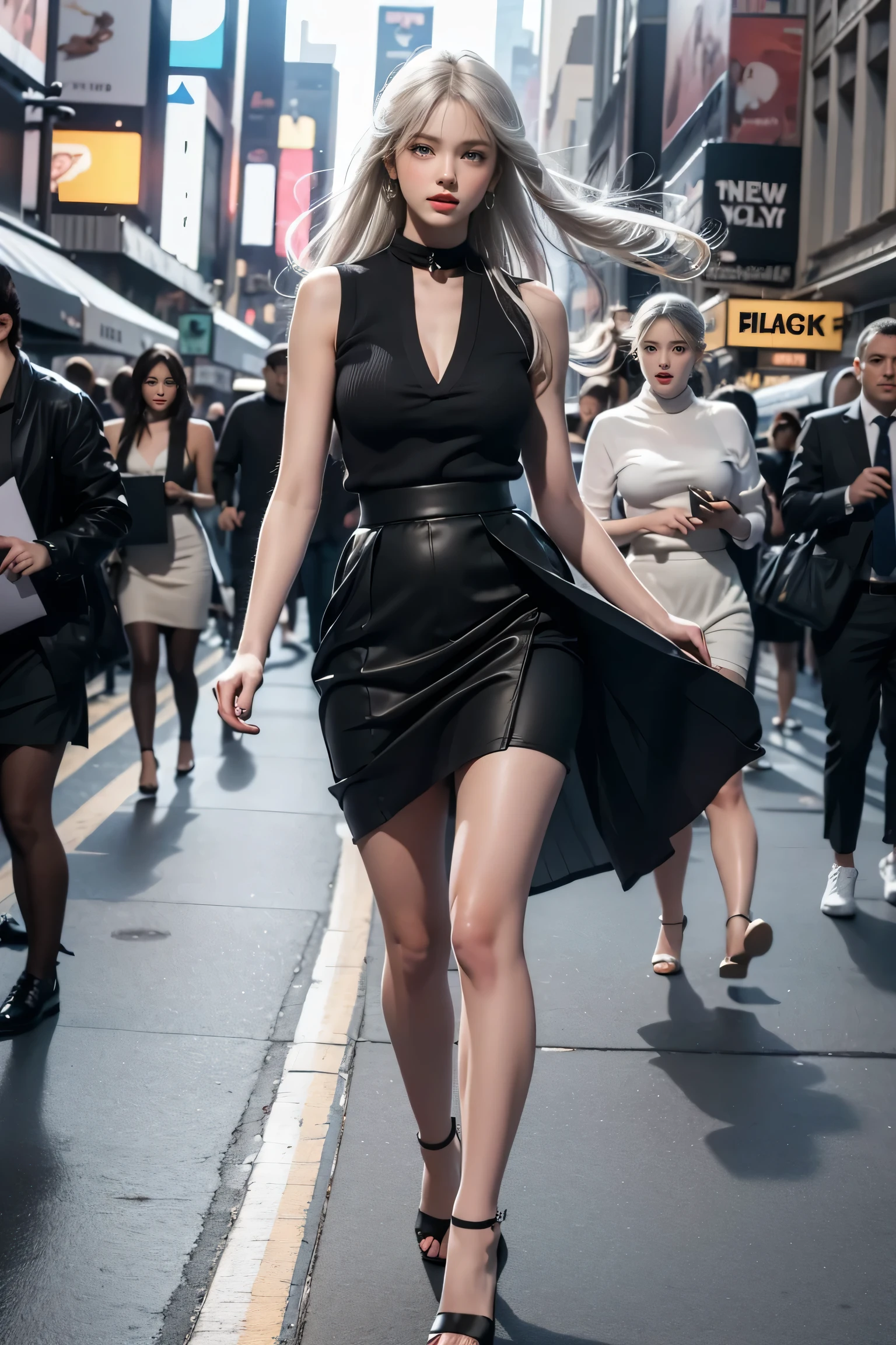 Araffe woman in a black dress walking down a busy street - SeaArt AI