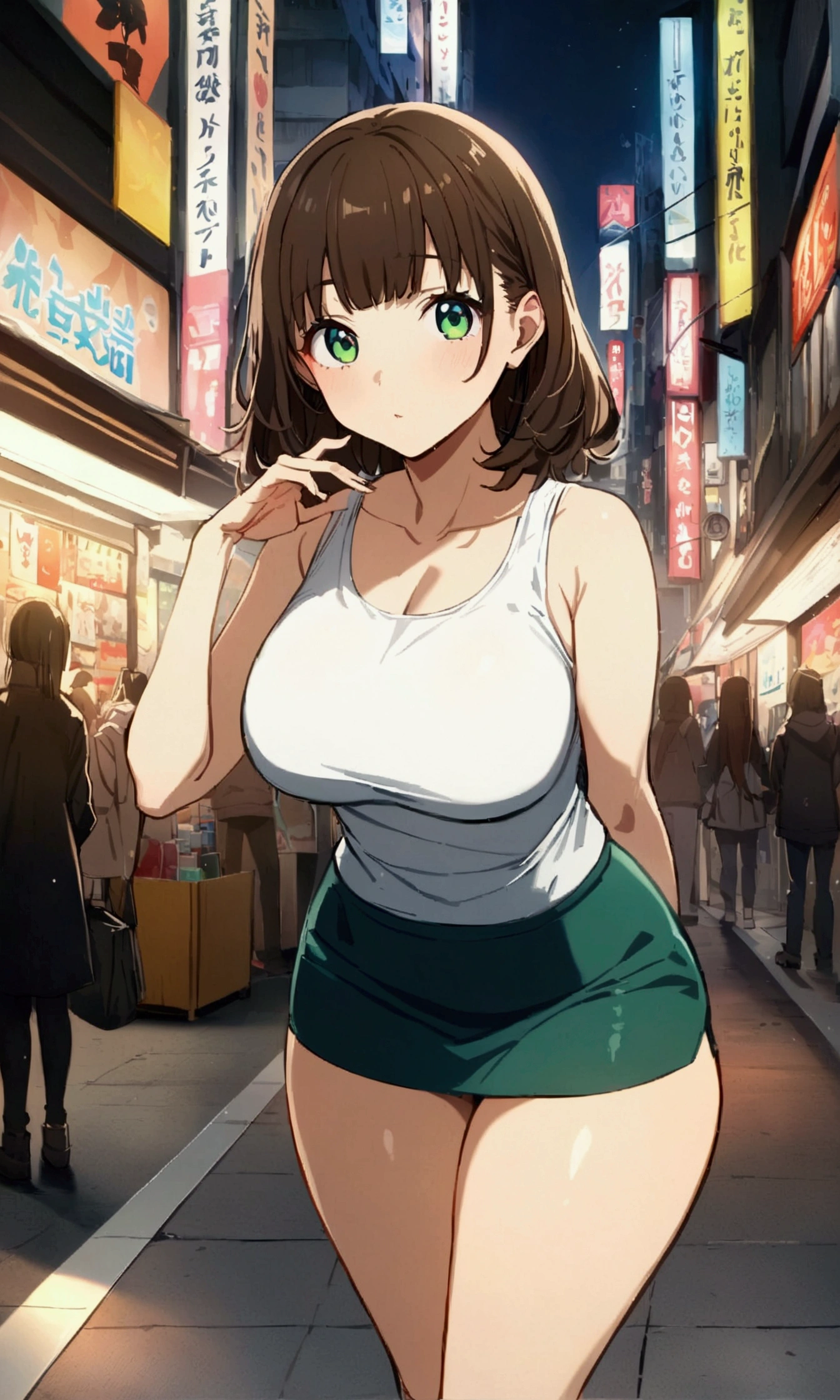 whole body,ennui, looking at the camera,One Girl, tight tank top, Mini Skirt,Big Breasts,Expensive, Tall, thick thighs ,Medium Hair,Brown Hair,Green Eyes,Shibuya,standing,finely detailed 美しいface,high quality,anime,Beautiful high resolution,anime color,{{{masterpiece}}},{{{{Very fine particles}}}},{{{{Highly detailed body}}}},{{{{Highly detailed fingers}}}},