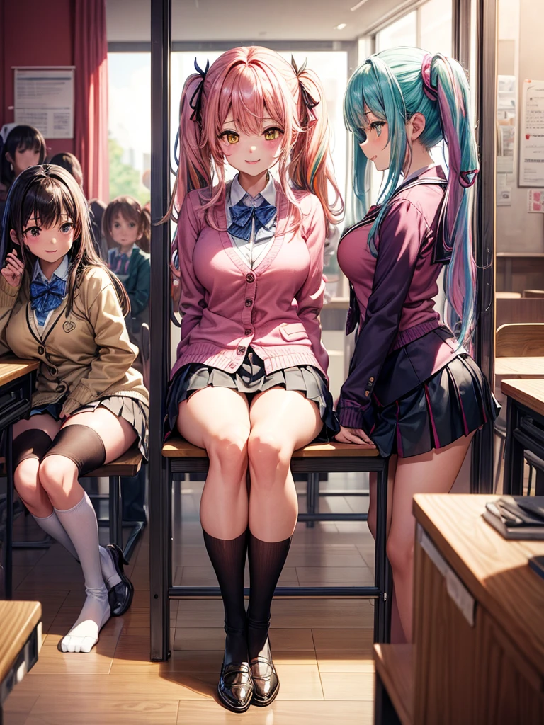 1girl,mature female,pale skin,huge breasts:1.49,mikajougasaki, mika jougasaki, hair bow, long hair, ((pink hair:1.5)), (yellow eyes:1.5), ponytail,
BREAK (otonokizaka , pleated skirt, , short sleeves, skirt, summer uniform, sweater vest, yellow sweater vest,:1.2)
BREAK  sitting in an office chair, on a desk,
BREAK (masterpiece:1.2), best quality, high resolution, unity 8k wallpaper, (illustration:0.8), (beautiful detailed eyes:1.6), extremely detailed face, perfect lighting, extremely detailed CG, (perfect hands, perfect anatomy),