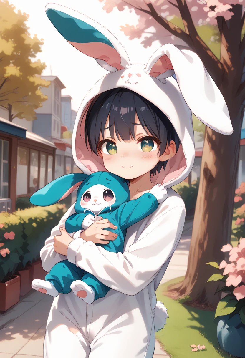 Comic style, comic anime cute boy, black hair, green eyes, slightly blushing, is a primary school boy, baby clothes, bunny suit pink, cute face, big eyes, anime drawing style, shota boy size,slim body, boy's body, gay, boys love it, man and boy, heart in pupil baby boy, small boy, arm hug holding boyfriend