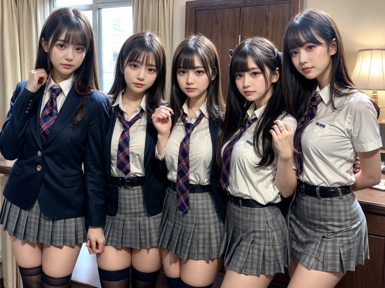 muster piece, best quality, illustration, Super detailed, fine details, High resolution, 8K,wall paper, perfect dynamic composition,(Details High quality, realistic depiction of eyes:1.3), ((2 girls, 2 schoolgirls)), The background is a luxury hotel room、High school girl uniform、blazer 、Super Short Check Uniform Skirt、Navy blue high socks、garterbelts、Colossal tits、Disturbed uniform, Play with each other,Touching each other's bodies,Touching the body of the girl next door, short bob hair, black hair color, huge breasts, Big Natural Color Lip, bold sexy pose, (perfect body shape), crying a little、cold gaze,  Harajuku style、Beautiful makeup,glitter makeup,Cutest 18 years old, beautiful legs, hposing Gravure Idol, Voluptuous thighs