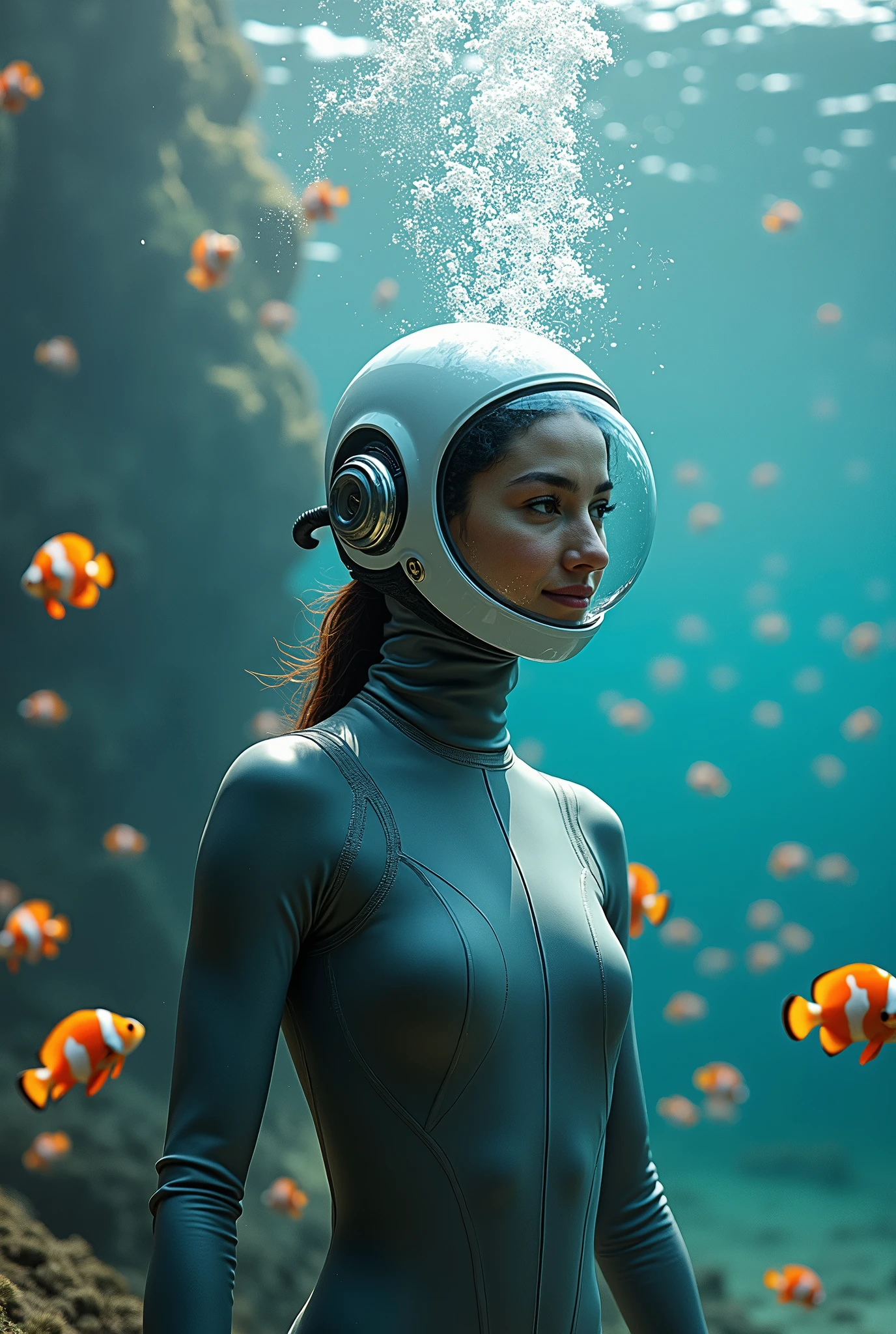 ((Masterpiece in maximum 16K resolution):1.6),((soft_color_photograpy:)1.5), ((Ultra-Detailed):1.4),((Movie-like still images and dynamic angles):1.3). | (cinematic full body photo shot of beautiful Diver underwater), (Beautiful Diver),  (tyndall effect), (a lot of bubbles), (coral), (mangroves), (neptune grass), (shimmer), (visual experience), (Realism), (Realistic),award-winning graphics, dark shot, film grain, extremely detailed, Digital Art, rtx, Unreal Engine, scene concept anti glare effect, All captured with sharp focus. | Rendered in ultra-high definition with UHD and retina quality, this masterpiece ensures anatomical correctness and textured skin with super detail. With a focus on high quality and accuracy, this award-winning portrayal captures every nuance in stunning 16k resolution, immersing viewers in its lifelike depiction. | ((perfect_composition, perfect_design, perfect_layout, perfect_detail, ultra_detailed)), ((enhance_all, fix_everything)), More Detail, Enhance.