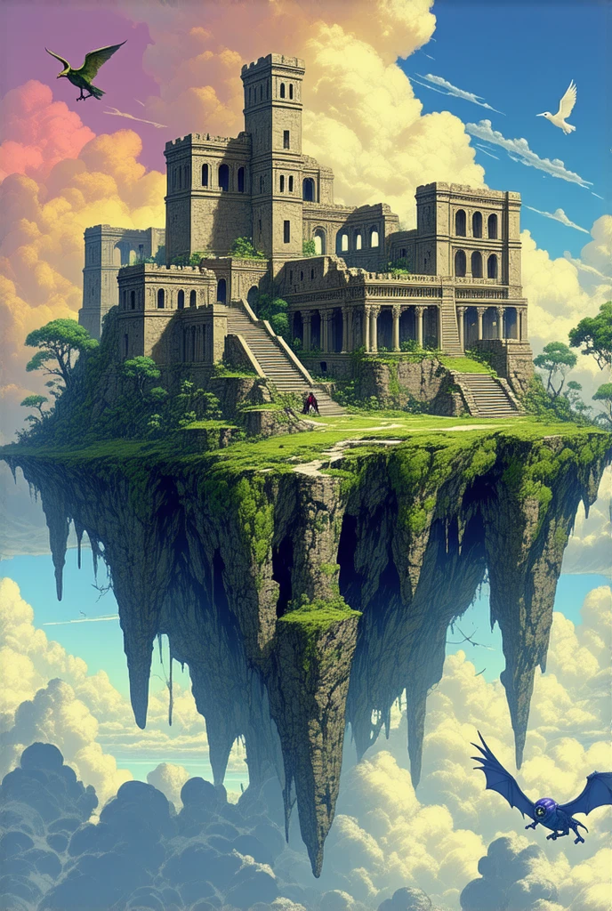 A fantasy scene depicting an ancient city of ruins floating in the sky,surrounded by mystical creatures in the air.Include an R2-D2-like robot exploring the ruins,with intricate details of the architecture,lush greenery,and vibrant colors in the sky.