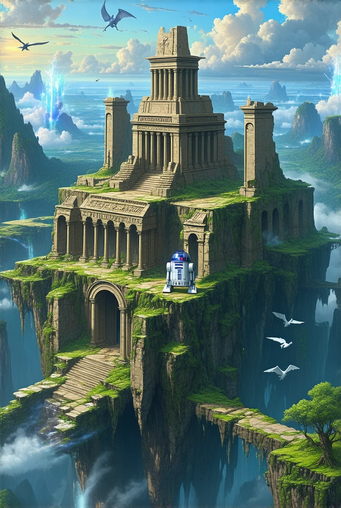 A fantasy scene depicting an ancient city of ruins floating in the sky,surrounded by mystical creatures in the air.Include an R2-D2-like robot exploring the ruins,with intricate details of the architecture,lush greenery,and vibrant colors in the sky.